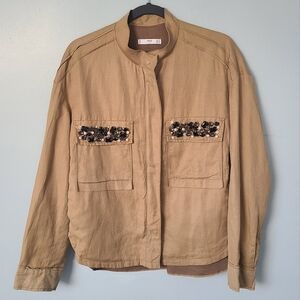 Mango Size XS Tan Beaded Linen Utility Jacket